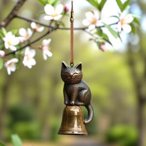 Metal cat wind chime for outdoor garden décor, 15cm hanging cat ornament made of rust-resistant metal, outdoor chime for porch decoration, cute cat silhouette chime for yard art, modern cat bell for balcony or patio, feline wind bell for outdoor hanging décor, soft sound metal chime for garden spaces, lightweight cat ornament for porch, simple outdoor hanging chime for natural décor settings.