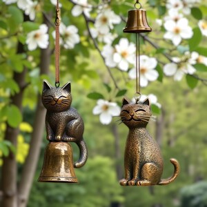 camping chimes, outdoor wind chime, flower fairy statue, fairy yard art, zen cat chime, cat yard art, cute cat ornament, hanging chimes, cat yard decor, feline wind bell, cat wind chime, modern cat bell, outdoor cat ornament