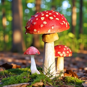 May include: Three red mushrooms with white spots, set in a forest environment. The mushrooms have white stems and are surrounded by green moss and fallen leaves. The scene is set against a blurred background of trees.