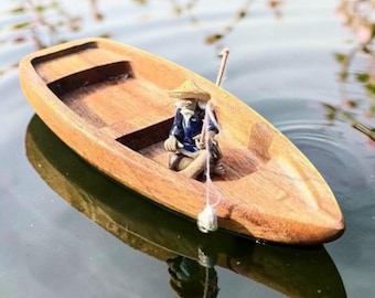 Floating Wooden Boat Model | Handmade Fisherman Ornament for Aquarium, Fish Tank, Zen Pond, Mini Nautical Home Decor