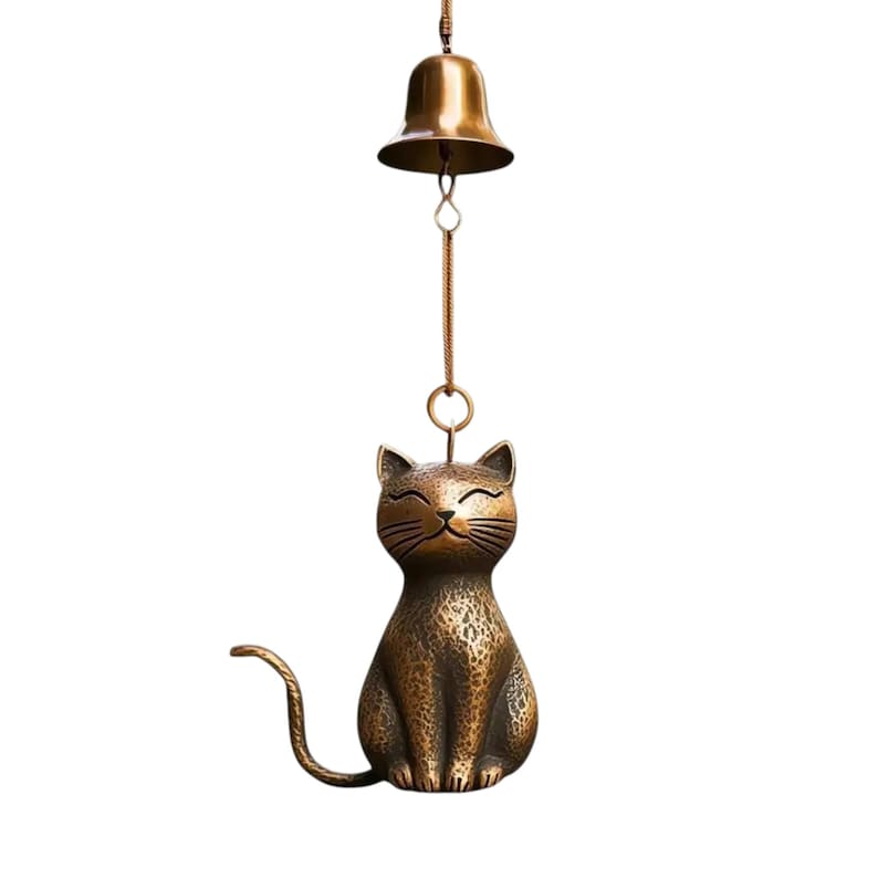 Metal cat wind chime for outdoor garden décor, 15cm hanging cat ornament made of rust-resistant metal, outdoor chime for porch decoration, cute cat silhouette chime for yard art, modern cat bell for balcony or patio, feline wind bell for outdoor hanging décor, soft sound metal chime for garden spaces, lightweight cat ornament for porch, simple outdoor hanging chime for natural décor settings.