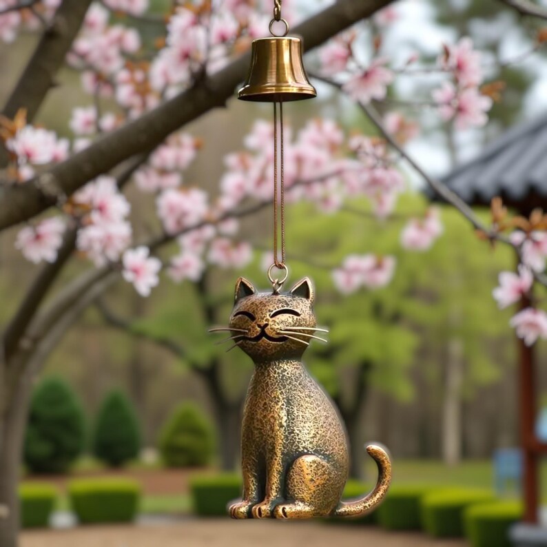 Metal cat wind chime for outdoor garden décor, 15cm hanging cat ornament made of rust-resistant metal, outdoor chime for porch decoration, cute cat silhouette chime for yard art, modern cat bell for balcony or patio, feline wind bell for outdoor hanging décor, soft sound metal chime for garden spaces, lightweight cat ornament for porch, simple outdoor hanging chime for natural décor settings.