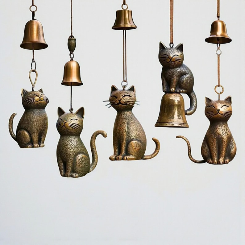 camping chimes, outdoor wind chime, flower fairy statue, fairy yard art, zen cat chime, cat yard art, cute cat ornament, hanging chimes, cat yard decor, feline wind bell, cat wind chime, modern cat bell, outdoor cat ornament