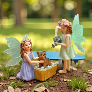 Peut inclure: Une scène de jardin féerique fantaisiste avec deux figurines de fées aux ailes translucides. L'une baigne un petit chien dans une baignoire en bois, tandis qu'une autre arrose la scène avec un arrosoir. La scène se déroule en extérieur avec de l'herbe verte et une table bleue.