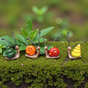 Set di 4 sculture di lumache in miniatura / Decorazioni in resina per bonsai / Piccole statuette di lumache / Arte di creature in miniatura