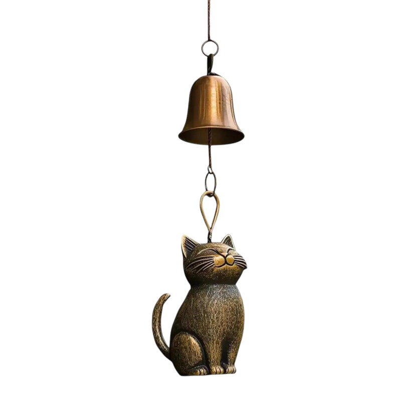 Metal cat wind chime for outdoor garden décor, 15cm hanging cat ornament made of rust-resistant metal, outdoor chime for porch decoration, cute cat silhouette chime for yard art, modern cat bell for balcony or patio, feline wind bell for outdoor hanging décor, soft sound metal chime for garden spaces, lightweight cat ornament for porch, simple outdoor hanging chime for natural décor settings.