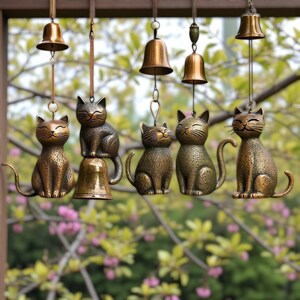 Puede incluir: Conjunto de carillones de viento con forma de gato de color bronce, colgados de una viga de madera. Cada carill&oacute;n presenta una figura de gato sonriente y una campana. Fondo borroso de follaje verde y flores rosas.