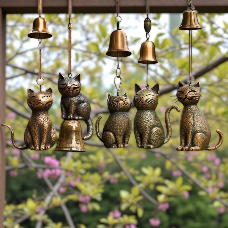 Puede incluir: Conjunto de carillones de viento con forma de gato de color bronce, colgados de una viga de madera. Cada carill&oacute;n presenta una figura de gato sonriente y una campana. Fondo borroso de follaje verde y flores rosas.