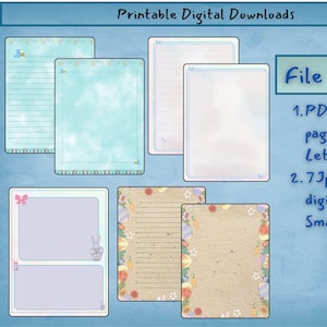 May include: Digital download of printable stationery. The image shows seven different stationery designs, including lined and blank pages, with pastel colors and Easter-themed decorations. The text on the image says "File Include" and "Printable Digital Downloads".