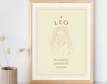 Leo Zodiac Sign Art Print, Boho Astrology Decor (Digital Download)