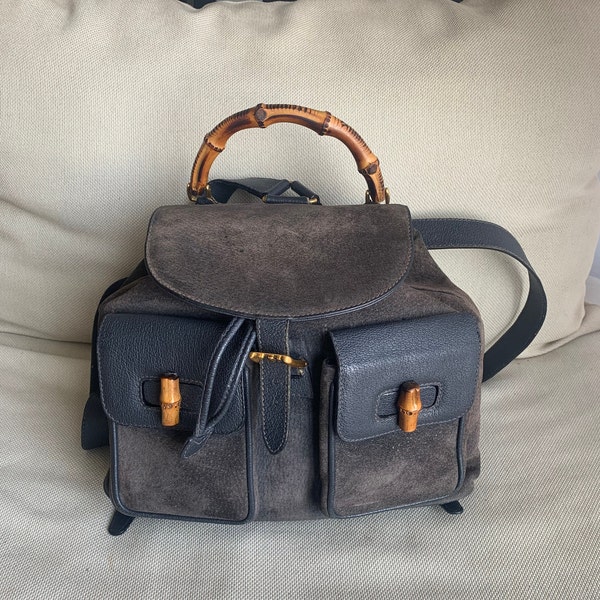 Vintage Gucci Navy Suede Backpack with Bamboo handle- 90s