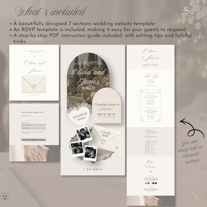 May include: A wedding website template featuring seven sections, an RSVP form, and a PDF instruction guide. The design includes text such as What's included, Olivia and James, 18.Dec.27, Counting down to forever, Wedding Details, Finally RSVP, and Wedding Timeline.