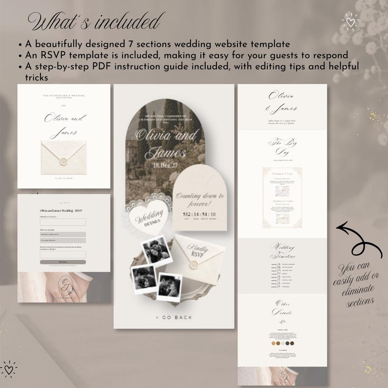 May include: A wedding website template featuring seven sections, an RSVP form, and a PDF instruction guide. The design includes text such as What's included, Olivia and James, 18.Dec.27, Counting down to forever, Wedding Details, Finally RSVP, and Wedding Timeline.