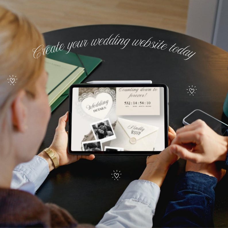 May include: A tablet displaying a wedding website interface with the text Create your wedding website today, featuring a countdown timer, a heart-shaped frame, photo snapshots, and an envelope graphic labeled Kindly RSVP on the screen.