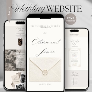 Puede incluir: Tres teléfonos inteligentes muestran una plantilla de sitio web de bodas digital con fondo color crema. Las pantallas presentan una elegante tipografía serif, un gráfico de sobre con sello de cera y texto que incluye Wedding WEBSITE, RSVP INCLUDED y Olivia and James.