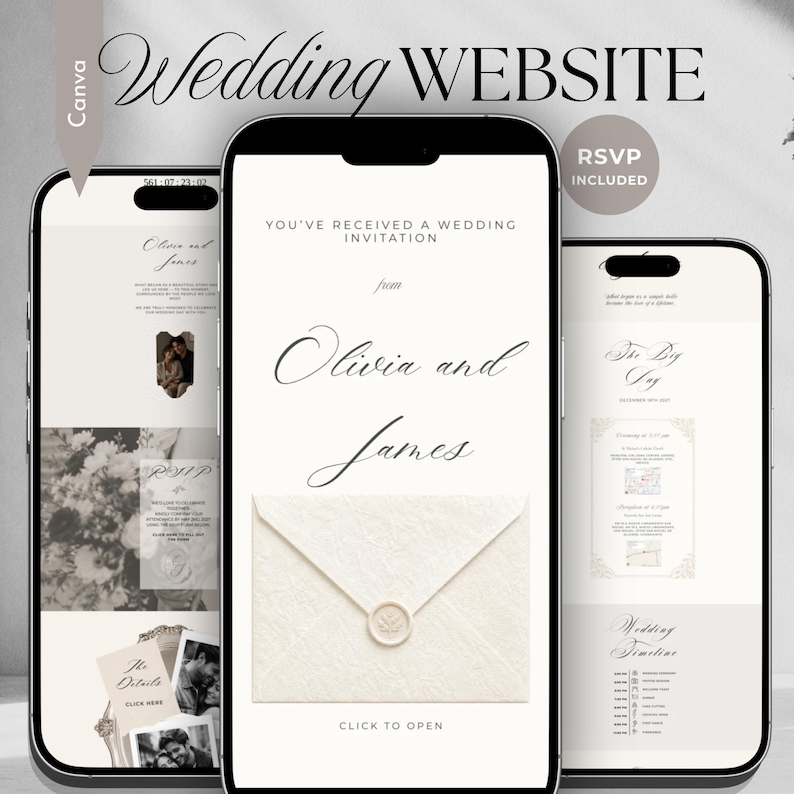 May include: Three smartphones displaying a digital wedding website template with a cream-colored background. The screens feature elegant serif typography, an envelope graphic with a wax seal, and text including Wedding WEBSITE, RSVP INCLUDED, and Olivia and James.