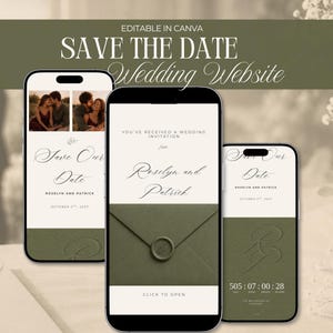 May include: Three smartphones displaying a wedding website design. The design features the text "SAVE THE DATE" and "Wedding Website". The screens show wedding details, including names, dates, and a countdown timer. The color scheme is olive green and cream.