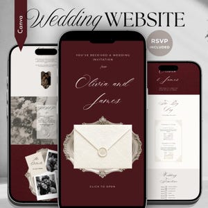 May include: Three smartphones display a digital wedding website template with a deep burgundy and cream color scheme. The screens feature elegant typography, an envelope with a wax seal on a silver tray, and sections for RSVP, details, and timeline.