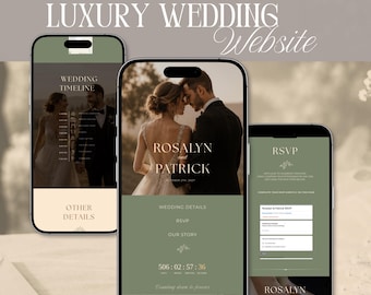 Olive Green Wedding Website Template with RSVP | Editable Canva Wedding Invitation | Elegant Digital Wedding Website | Beige Tuscany Wedding