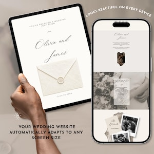 May include: A digital wedding invitation displayed on a tablet and a smartphone screen. The tablet shows an envelope with a wax seal and the text Olivia and James. The smartphone displays wedding details, photos, and RSVP information on a mobile interface.
