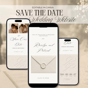 Puede incluir: Tres smartphones que muestran un diseño de sitio web de bodas. El diseño incluye el texto "SAVE THE DATE Wedding Website" y detalles de la boda, nombres y un temporizador de cuenta regresiva. La combinación de colores es neutra con fuentes elegantes.