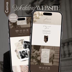 May include: Two smartphones displaying a wedding website template with a neutral color palette. The screens feature text including Wedding WEBSITE, RSVP INCLUDED, Olivia and James, December 18th 2027, The Details, and a countdown timer of 569:12:23:39.