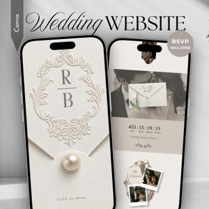 May include: Two smartphones displaying a wedding website template. The left screen shows an envelope with a pearl clasp and the initials RB. The right screen features a countdown timer, a photo of a couple, and an RSVP card with floral accents.