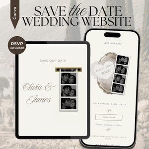 Puede incluir: Una plantilla de sitio web de bodas digital mostrada en una tableta y un teléfono inteligente. El diseño presenta un fondo crema, el texto "SAVE THE DATE WEDDING WEBSITE", "RSVP INCLUDED", "Olivia & James" y una tira de fotos en blanco y negro.