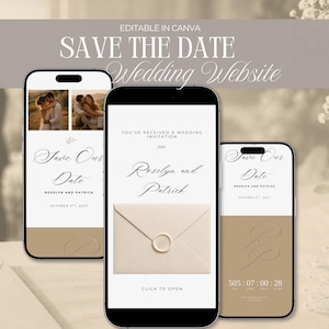 Puede incluir: Tres smartphones que muestran un diseño de sitio web de boda. Las pantallas muestran el texto "Save the Date", detalles de la boda y un temporizador de cuenta regresiva. El diseño utiliza una paleta de colores neutros con fuentes e imágenes elegantes.