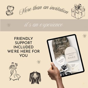 May include: A digital tablet displaying a wedding invitation suite with the text Olivia and James 18.Dec.27, Counting down to forever, and Kindly RSVP. The screen features arched cards, photos, and text. Decorative sketches of a ring, gift, couple, and tuxedo are present.