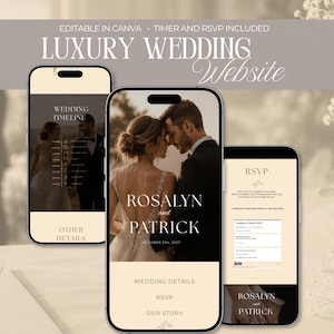 Puede incluir: Tres smartphones que muestran una plantilla de sitio web de bodas. El teléfono central muestra una pareja con los nombres "Rosalyn y Patrick" y la fecha "27 de octubre de 2027". El sitio web incluye una línea de tiempo de la boda, RSVP y otros detalles.