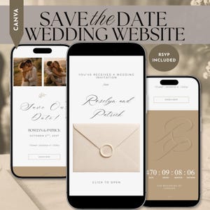 Könnte beinhalten: Drei Smartphones zeigen eine digitale Hochzeitswebsite-Vorlage. Die Bildschirme zeigen Text wie SAVE THE DATE WEDDING WEBSITE, RSVP INCLUDED, Roselyn and Patrick, October 2nd, 2027 und einen Countdown-Timer. Das Design enthält einen beigen Umschlag mit einem Wachssiegel.