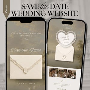 May include: Two smartphones displaying a wedding website template with a vintage landscape background. The screens show an envelope with lace trim, the text "SAVE THE DATE WEDDING WEBSITE," "Olivia & James," and a countdown timer with photos.