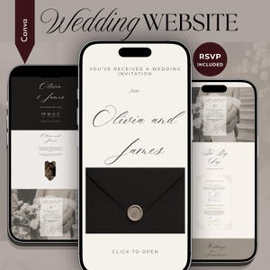 Puede incluir: Tres teléfonos inteligentes que muestran una plantilla de sitio web de bodas digital. Las pantallas presentan una tipografía elegante, un sobre negro con un sello de cera, secciones de RSVP y detalles del evento. El diseño utiliza una paleta de colores monocromática.