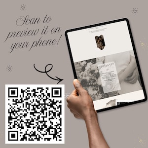 May include: A tablet displaying a digital wedding invitation website with a black and white photograph of a couple and floral arrangements. Next to the tablet is a large black and white QR code with the text Scan to preview it on your phone.