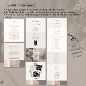 May include: A digital wedding website template featuring eight customizable sections, including an RSVP form, event timeline, and photo gallery. The design uses a neutral color palette with elegant serif typography, displaying the names Olivia and James.