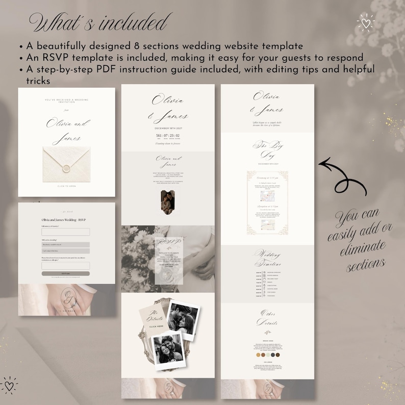 May include: A digital wedding website template featuring eight customizable sections, including an RSVP form, event timeline, and photo gallery. The design uses a neutral color palette with elegant serif typography, displaying the names Olivia and James.