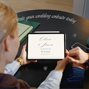 May include: A tablet displaying a wedding website with the text Olivia & James, December 18th 2027, and a countdown timer. The screen features a cream background with black serif and script typography. A white stylus rests on the top edge.