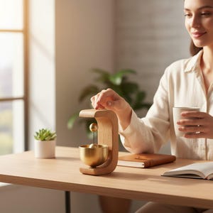 Peut inclure: Un pendule de bureau en bois avec un bol en laiton et deux sphères en laiton. Le pendule est posé sur un bureau en bois brun clair. Le bureau comporte également une petite plante succulente dans un pot blanc, un carnet et une tasse.