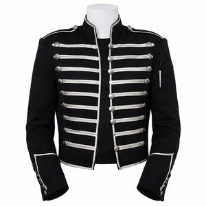 May include: A black military-style jacket featuring silver-toned braided trim and metallic buttons arranged in horizontal rows across the front. The jacket includes a high collar, structured shoulders, and silver piping details on the cuffs.