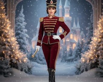 May include: A deep red velvet military-style uniform featuring gold braided trim, epaulets, and a black belt. The ensemble includes a tall shako hat with a white feather plume, white gloves, and black lace-up boots, accompanied by a gold baton.
