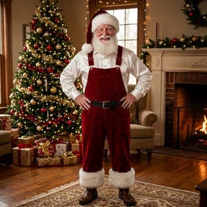 May include: A person dressed as Santa Claus wearing a white long-sleeved button-down shirt, deep red velvet overalls with a black belt, and a matching red velvet hat with white faux fur trim. The outfit features white faux fur cuffs at the ankles.
