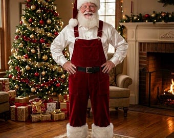 May include: A person dressed as Santa Claus wearing a white long-sleeved button-down shirt, deep red velvet overalls with a black belt, and a matching red velvet hat with white faux fur trim. The outfit features white faux fur cuffs at the ankles.