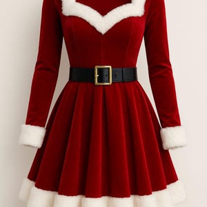 May include: A red velvet dress with long sleeves, a square neckline, and a flared skirt. The dress features white faux fur trim on the collar, cuffs, and hem. A black belt with a gold buckle cinches the waist, creating a festive holiday look.