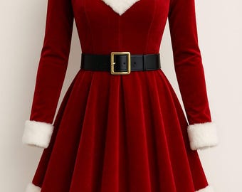 May include: A red velvet dress with long sleeves, a square neckline, and a flared skirt. The dress features white faux fur trim on the collar, cuffs, and hem. A black belt with a gold buckle cinches the waist, creating a festive holiday look.