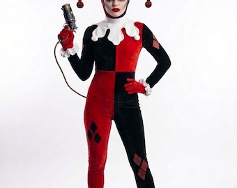 May include: A red and black velvet jumpsuit featuring a diamond pattern on the legs, a white ruffled collar, matching jester headpiece with pom-poms, red gloves with white ruffled cuffs, black lace-up boots, and a prop gun held in one hand.