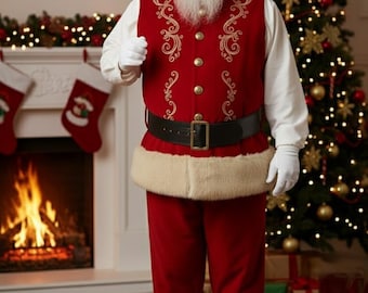 May include: A Santa Claus costume featuring a red vest with gold scroll embroidery, gold buttons, and a black belt with a gold buckle. The outfit includes a red hat, red trousers, and white long-sleeved shirt, all trimmed with thick, cream-colored faux fur.