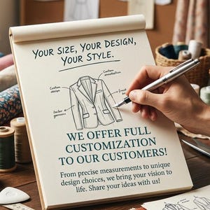 May include: A spiral-bound notepad featuring a sketch of a blazer with labels and the text: YOUR SIZE, YOUR DESIGN, YOUR STYLE. WE OFFER FULL CUSTOMIZATION TO OUR CUSTOMERS! From precise measurements to unique design choices, we bring your vision to life.