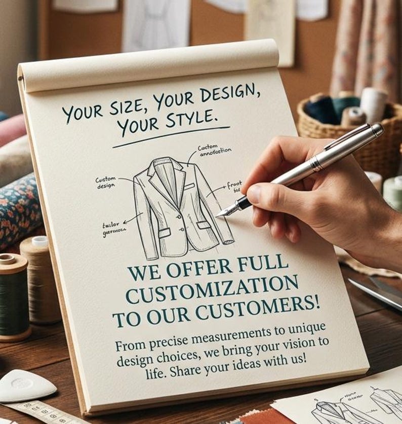 May include: A spiral-bound notepad featuring a sketch of a blazer with labels and the text: YOUR SIZE, YOUR DESIGN, YOUR STYLE. WE OFFER FULL CUSTOMIZATION TO OUR CUSTOMERS! From precise measurements to unique design choices, we bring your vision to life.