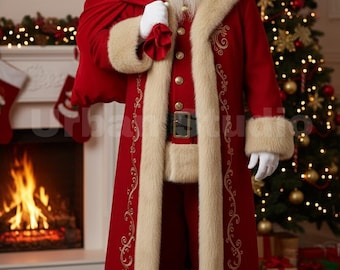 Luxury Wool Santa Suit – Red Father Christmas Costume with Hat, Belt